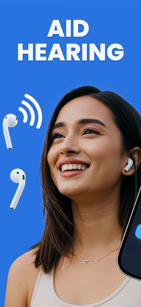 Hearing Aid Pro 3 for AirPods - A smiling woman wearing AirPods with the text Aid Hearing on a blue background