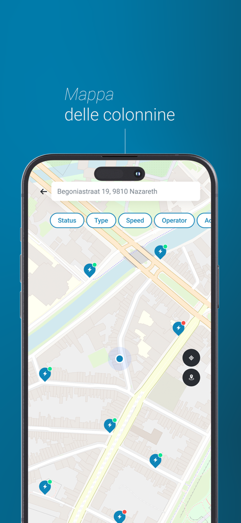 EMOBITALY - EMOBITALY app interface showing a map with multiple electric vehicle charging station locations and filter options for status and speed