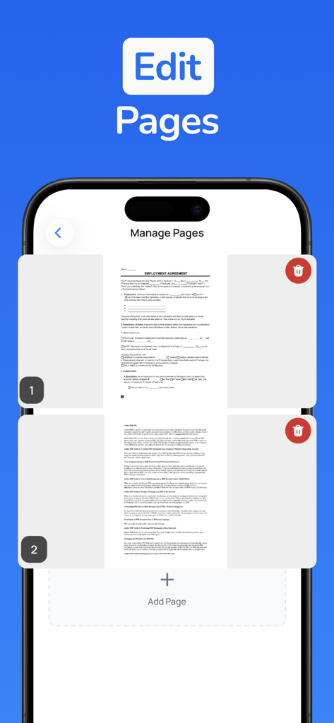 ページの追加または削除オプションを備えたPDFページ管理を示すモバイルアプリ画面