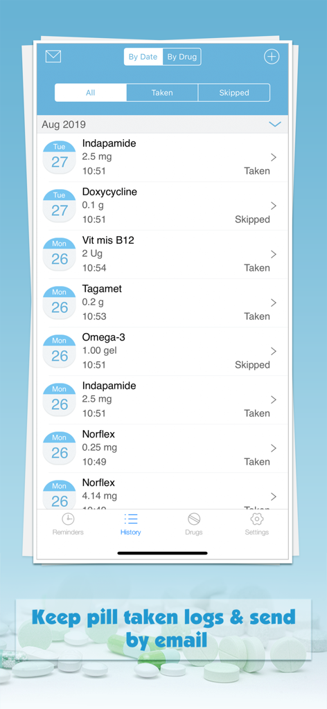 A history log screen in the Pill Monitor Pro app showing a list of taken and skipped medications with dates and dosages.