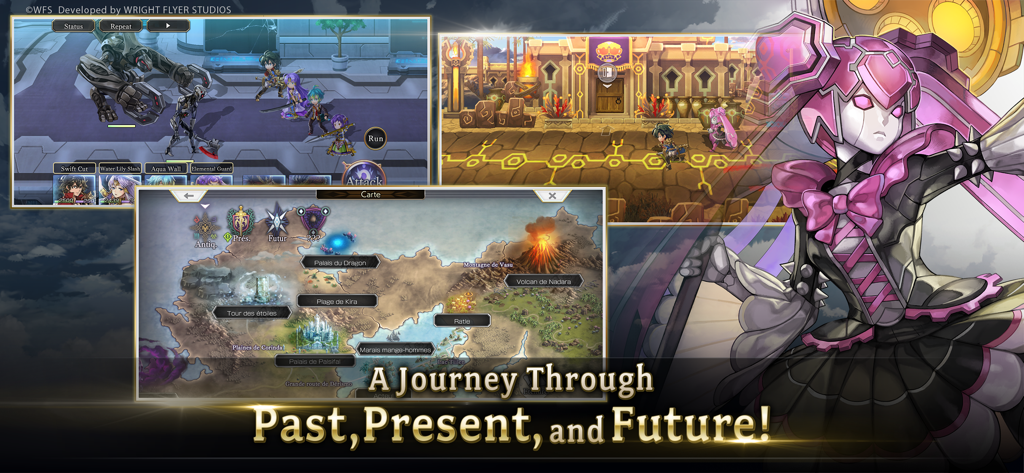 Screenshot del gioco Another Eden che mostra combattimenti, navigazione della mappa e design dei personaggi