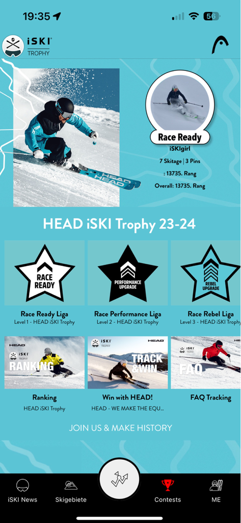 iSKI Austria - Ski & Snow - HEAD iSKI Trophy-Oberfläche mit Skifahrer-Ranglisten und Leistungs-Liga-Stufen