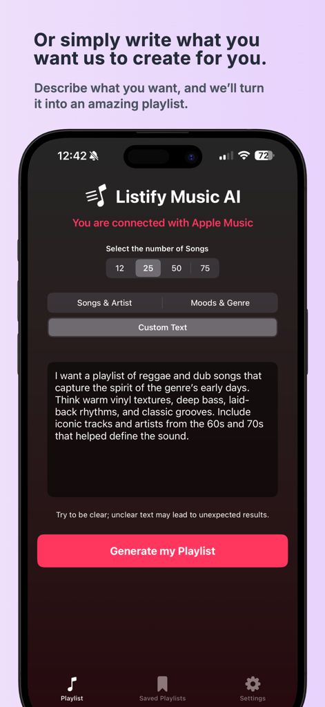 Listify Music AI - Interface of the Listify Music AI app showing a custom text prompt used to generate a personalized playlist based on a specific description.