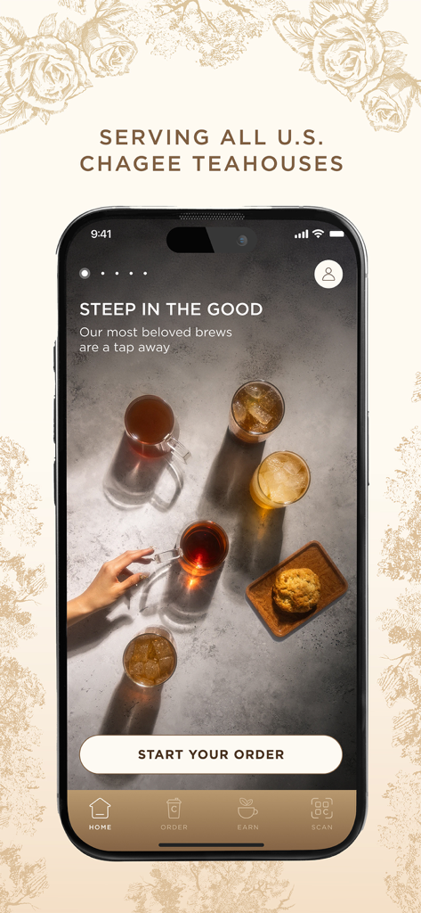CHAGEE USA - CHAGEE USA 모바일 앱의 홈 화면으로, 프리미엄 차 음료와 주문 시작 버튼이 특징입니다.