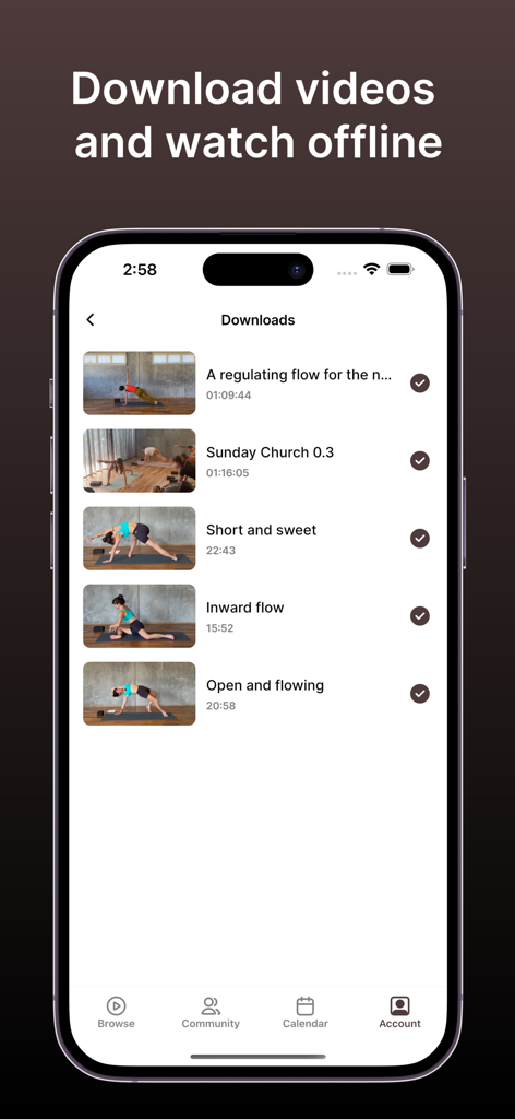 Haum Space Online - Pantalla de descargas de la aplicación de yoga Haum Space que muestra clases para ver sin conexión