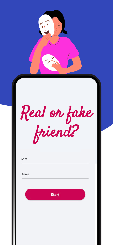 Interface de l'application BFF Test demandant si quelqu'un est un vrai ou un faux ami avec des champs de saisie de noms.