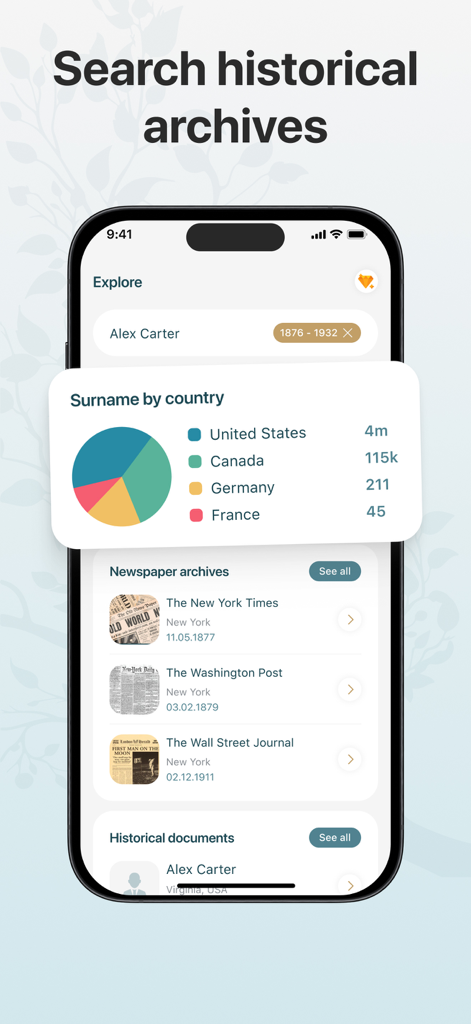 Interface showing historical newspaper archives search and surname distribution by country