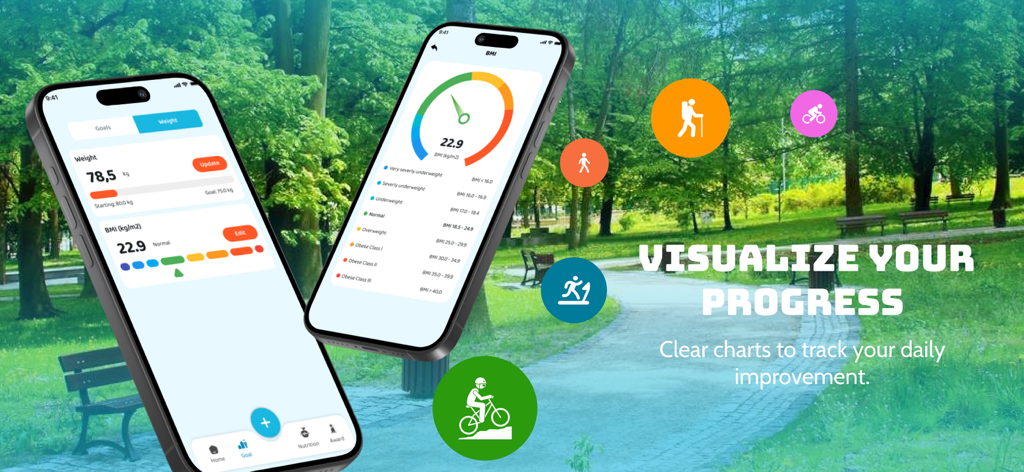 Step Counter: Daily Walking - Step Counter app showing weight and BMI progress charts on a park background