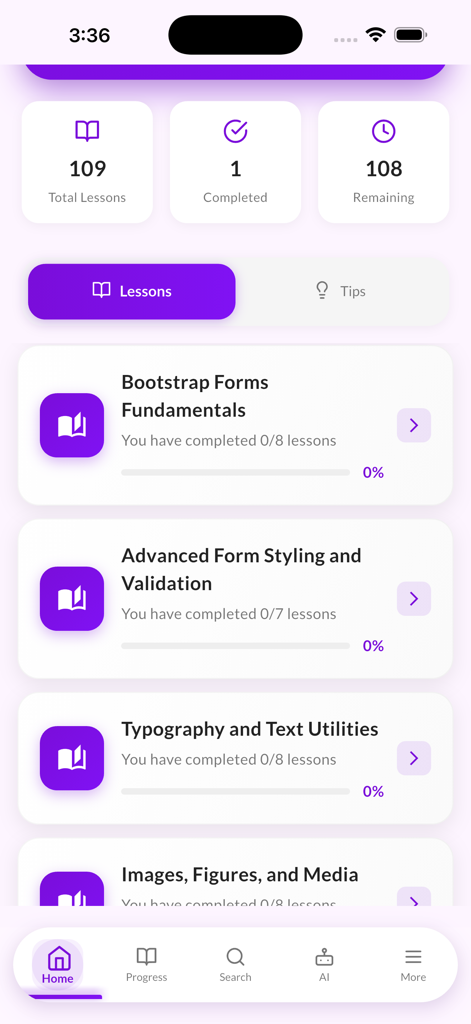 Learn Bootstrap CSS app home screen displaying lesson modules and course progress statistics