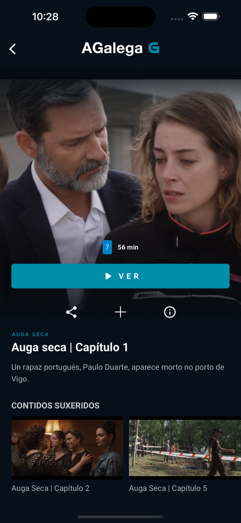 AGalega - Interface of the AGalega app showing the play screen for the show Auga seca.
