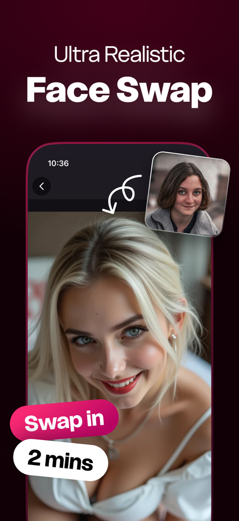 AI Deep Face Swap - SwapX - Mobile app interface showing ultra realistic AI face swap feature.