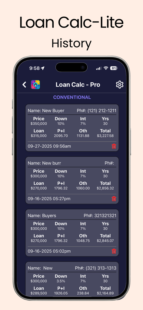 Loan Calc-Lite - Pantalla de historial de la aplicación Loan Calc-Lite que muestra cálculos de hipotecas guardados para varios clientes.