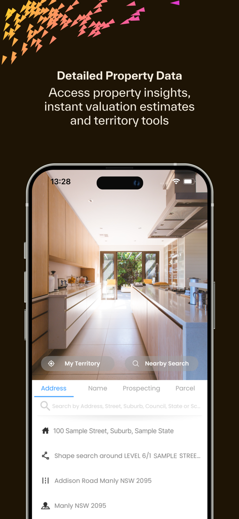 Mobile phone screen showing the RP Data Mobile app interface with a property search bar and a photo of a modern kitchen.
