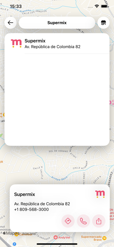 Supermix - A map interface showing the physical location of Supermix store at Avenida Republica de Colombia 82 with contact phone number.