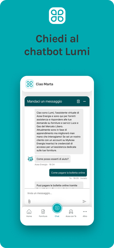 MyAcea Energia - A mobile app screenshot showing the Lumi chatbot interface for MyAcea Energia customer support