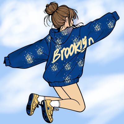 realistic girl jumping with a bun and oversized sweatshirt