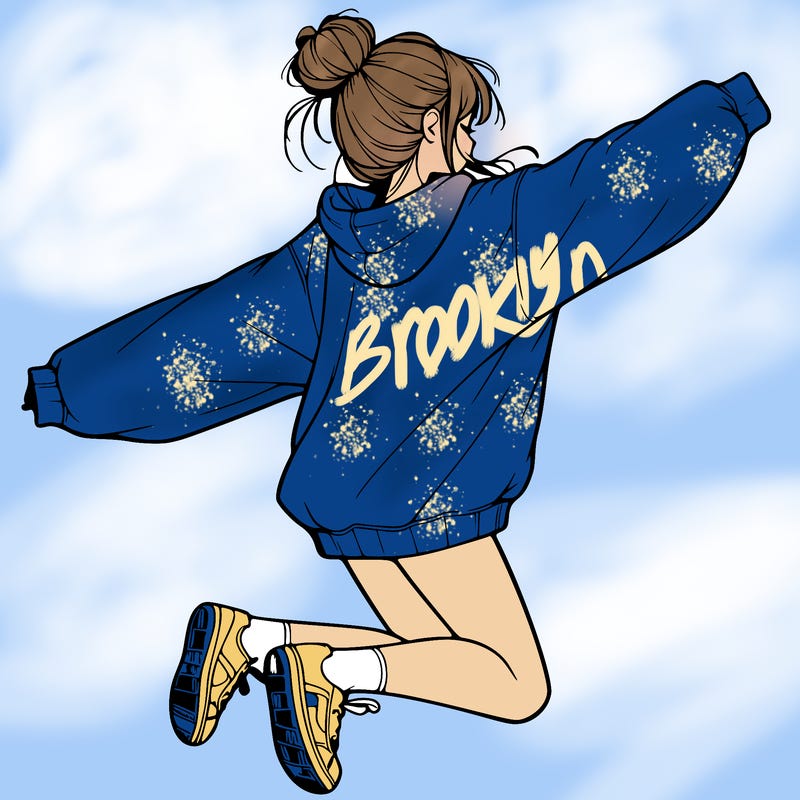 realistic girl jumping with a bun and oversized sweatshirt