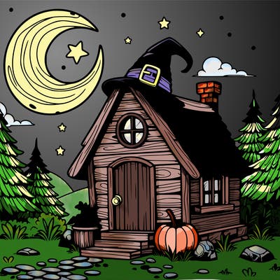 cartoon witch cabin with realistic background and a crescent moon