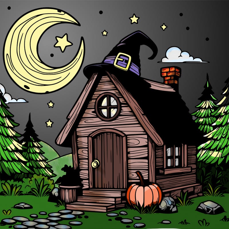 cartoon witch cabin with realistic background and a crescent moon