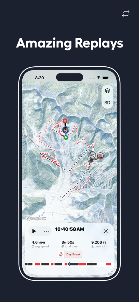 Slopes: Ski & Snowboard - 3D replay of a skiing session on a mountain map with speed and altitude stats