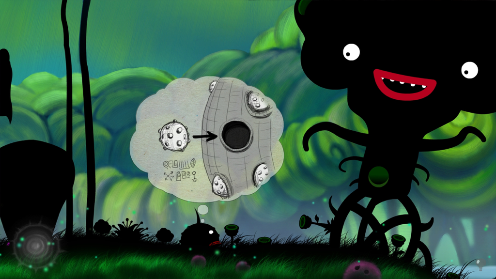 Une scène de jeu dessinée à la main de Karma Incarnation 1 montrant Pip regardant un indice de puzzle à côté d'une créature surréaliste