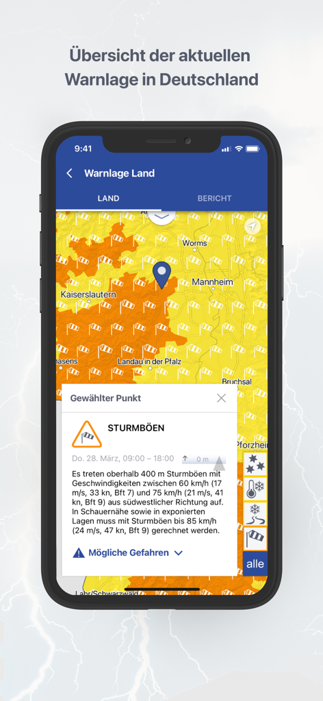 DWD WarnWetter - A mobile app interface displaying a weather warning map of Germany with specific alerts for wind gusts