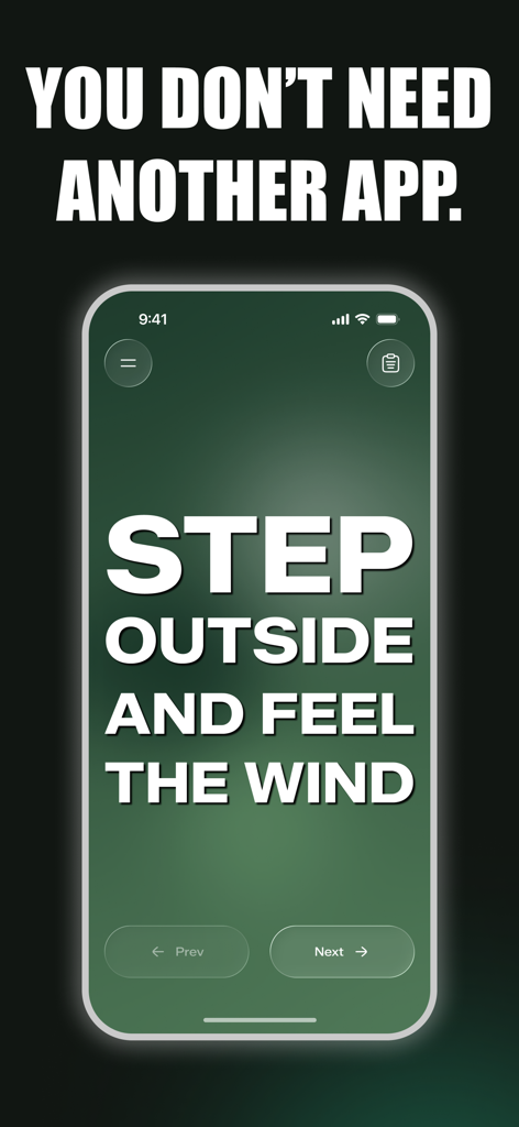 Stop Doomscrolling: AntiApp - Step Outside and Feel the Windというメッセージを緑色のグラデーション背景に表示する、ドーパミン中毒停止AntiAppインターフェース。