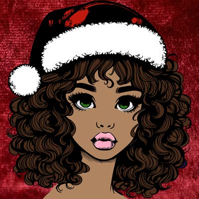 realistic girl with a santa hat curly hair and lips