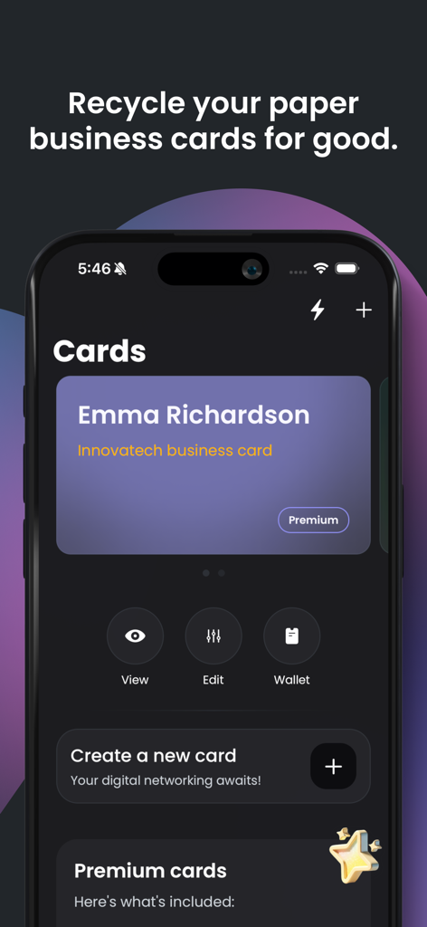SoCard: Digital Business Card - Panel de la app SoCard mostrando una tarjeta de presentación digital para Emma Richardson con opciones para ver, editar y añadir a Apple Wallet