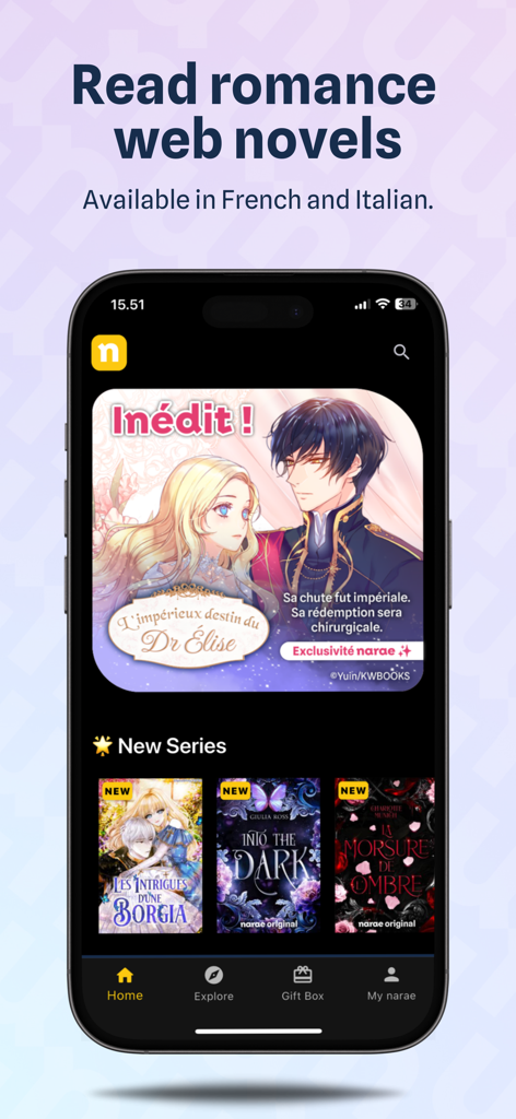 Narae - Web novels & Romance - Uno smartphone che visualizza la schermata principale dell'app Narae con una varietà di romanzi web d'amore disponibili in francese e italiano