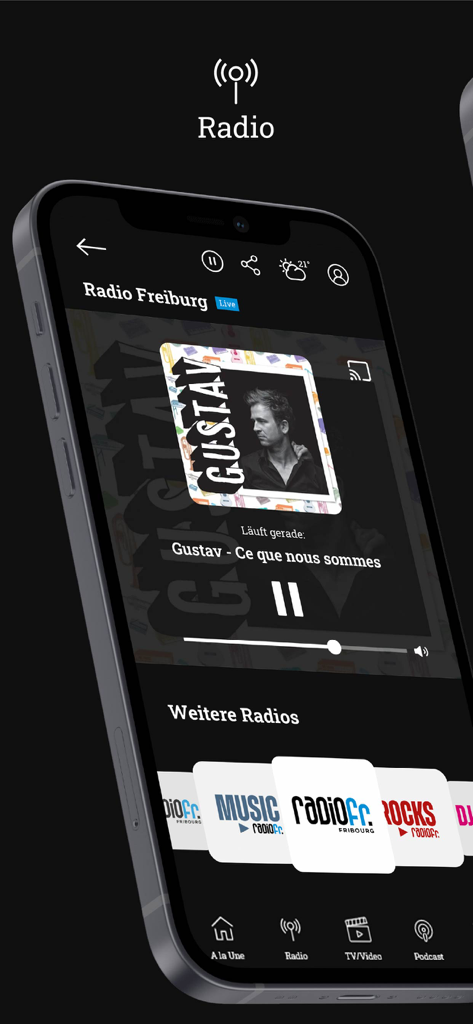 Frapp - Bildschirm des Frapp-App-Radios, auf dem Radio Freiburg mit Musiksenderoptionen darunter im Dark Mode abgespielt wird.