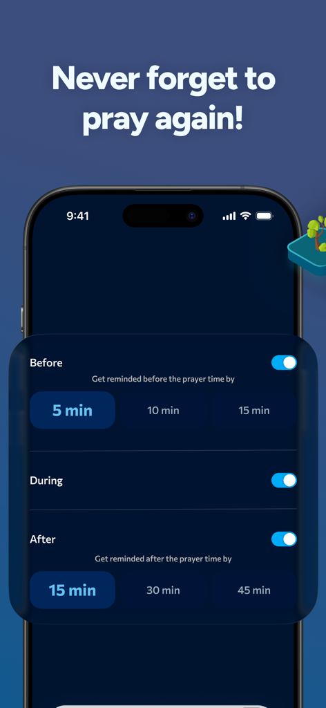 Just Pray: Track Muslim Prayer - Configurações de lembrete de oração personalizáveis na interface do aplicativo Just Pray