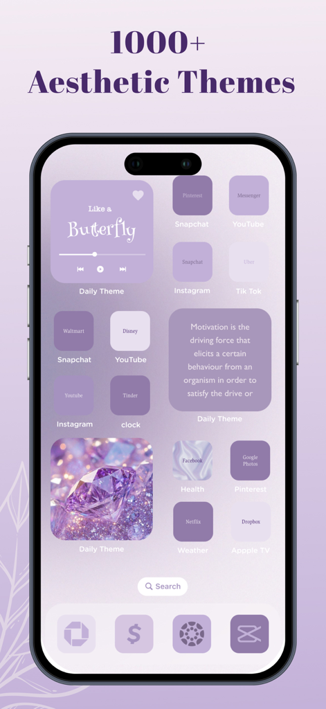Daily Theme: Aesthetic Widgets - Una pantalla de inicio de iPhone personalizada con un tema estético púrpura con widgets de música, citas y fotos