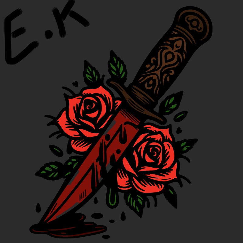 knife with roses and thorns and blood