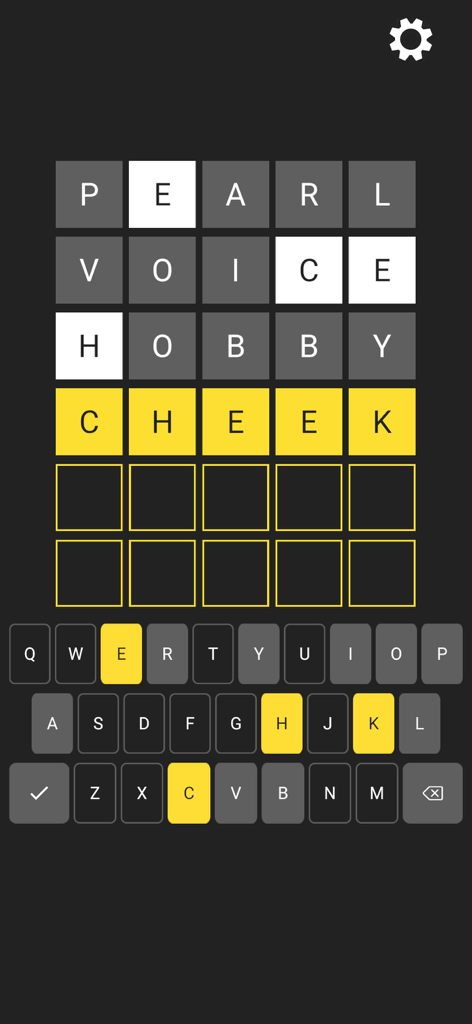 Word Search: Word Guess Puzzle - Gameplay screen of a 5-letter word guess puzzle showing correct and incorrect letter guesses in a dark mode interface.