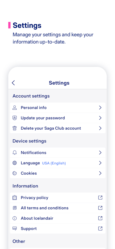 Icelandair - Pantalla de configuración de la aplicación móvil de Icelandair que muestra opciones de gestión de cuenta y dispositivo.
