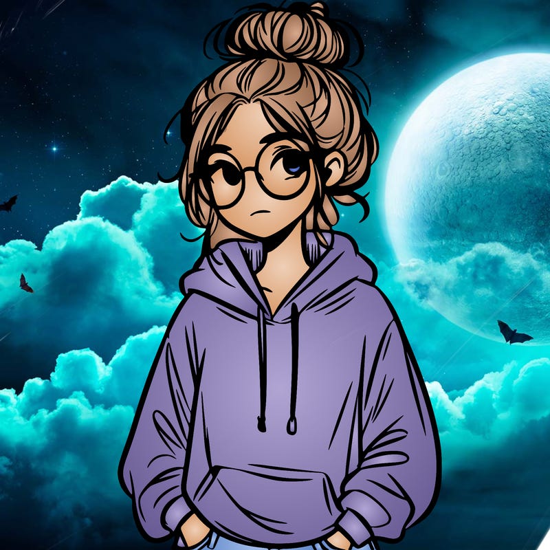 teen girl with a messy bun and glasses wearing a loose hoodie and jeans