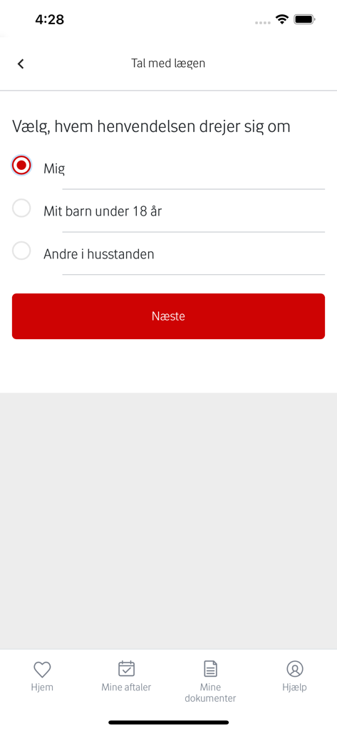 Tryg Lægehotline - Patient selection screen in the Tryg Laegehotline app for starting a medical consultation
