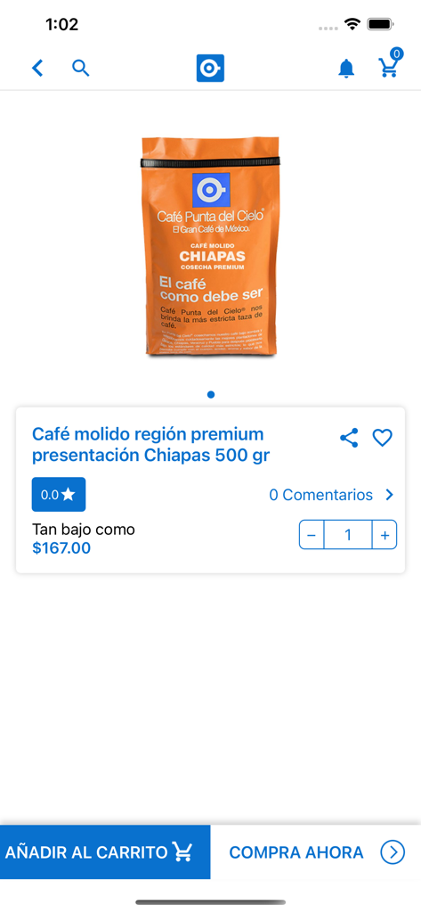 Página de producto en la app Cafe Punta del Cielo para café molido premium de la región de Chiapas