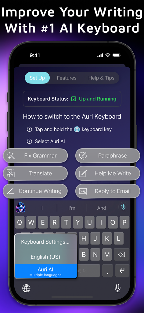Auri AI Keyboard & Assistant - Auri AI keyboard app showing writing tools like grammar check and translation
