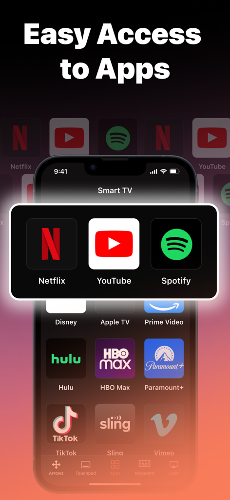 Remote Control ・TV ・Universal - iPhone showing a universal TV remote app with easy access to streaming services like Netflix and YouTube