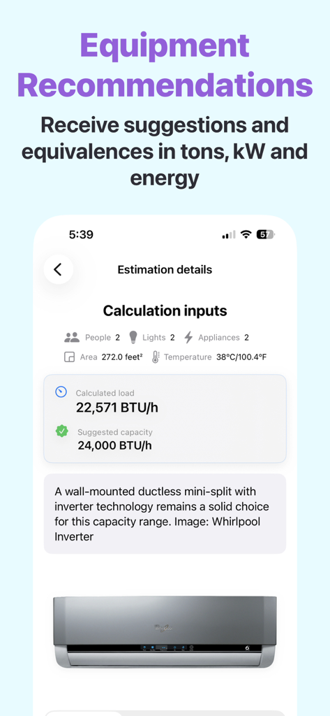 AC Calculator Pro app interface displaying HVAC equipment recommendations and BTU load calculations