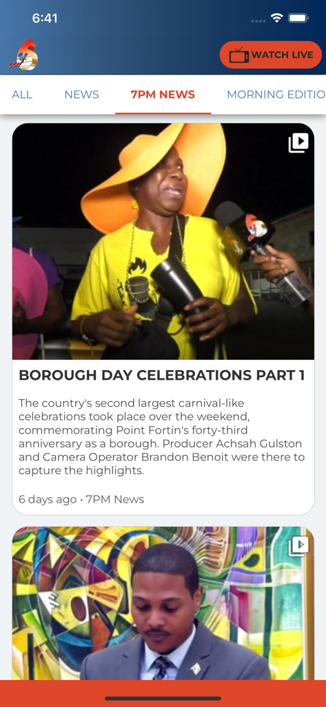 CCN TV6 - The CCN TV6 app news feed displaying a story about Borough Day celebrations.