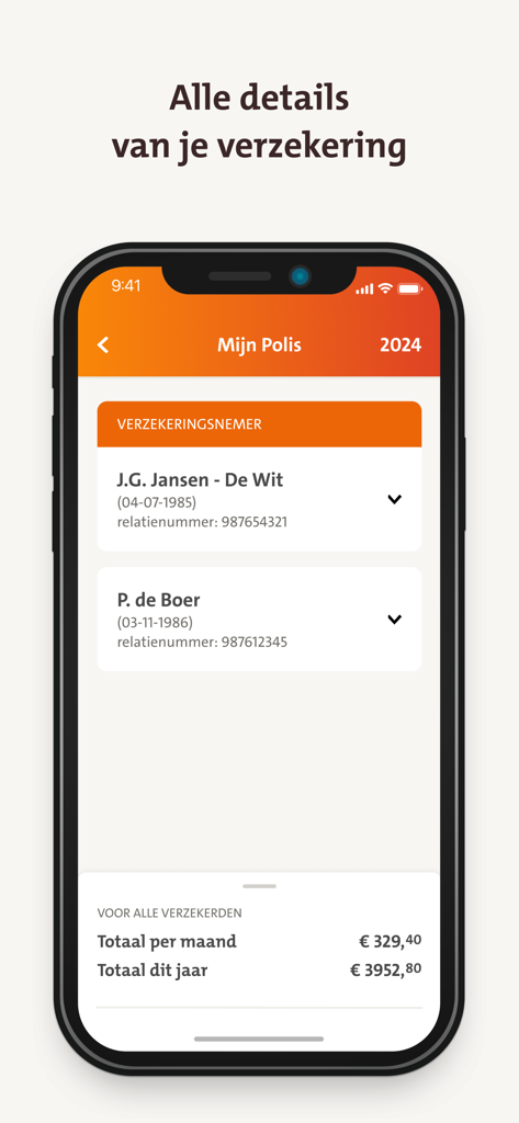 Una captura de pantalla de la aplicación de seguro médico CZ que muestra los detalles de la póliza y los costos mensuales.