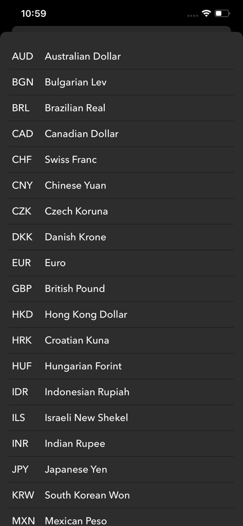 Mobile interface showing international currency options for gold price tracking