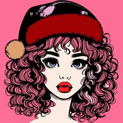 realistic girl with a santa hat curly hair and lips