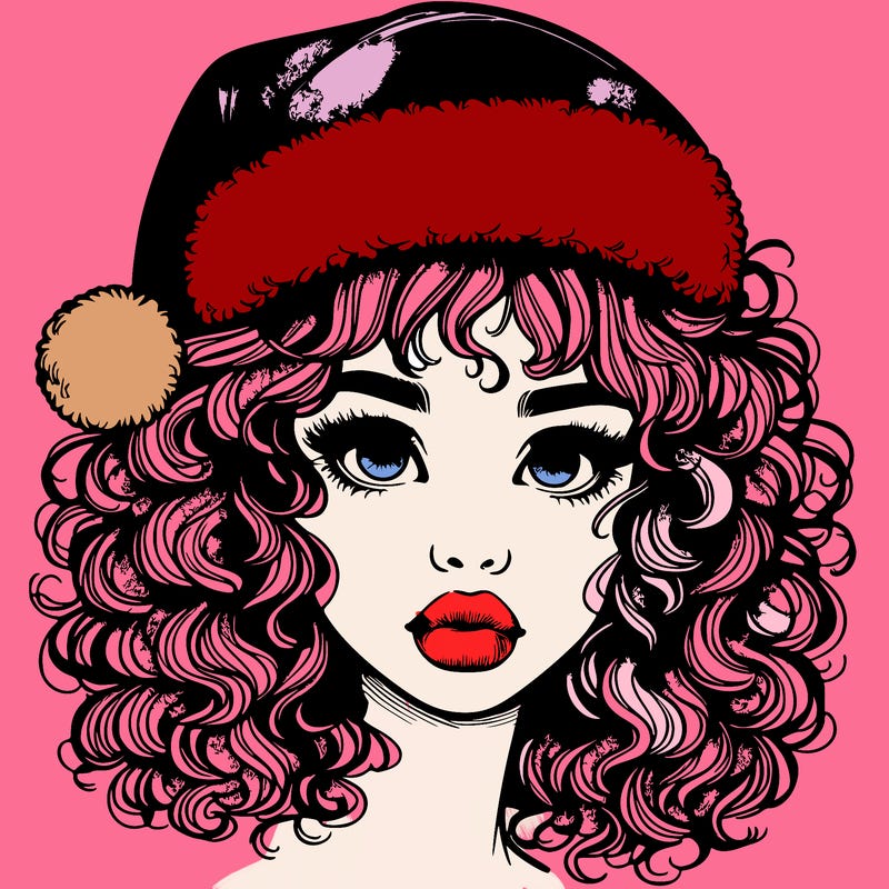 realistic girl with a santa hat curly hair and lips