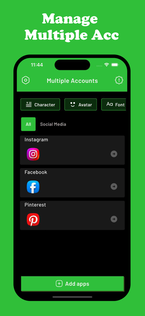 Dual App ~ Multiple Accounts - Interface of Dual App showing a dashboard for managing multiple social media accounts like Instagram and Facebook