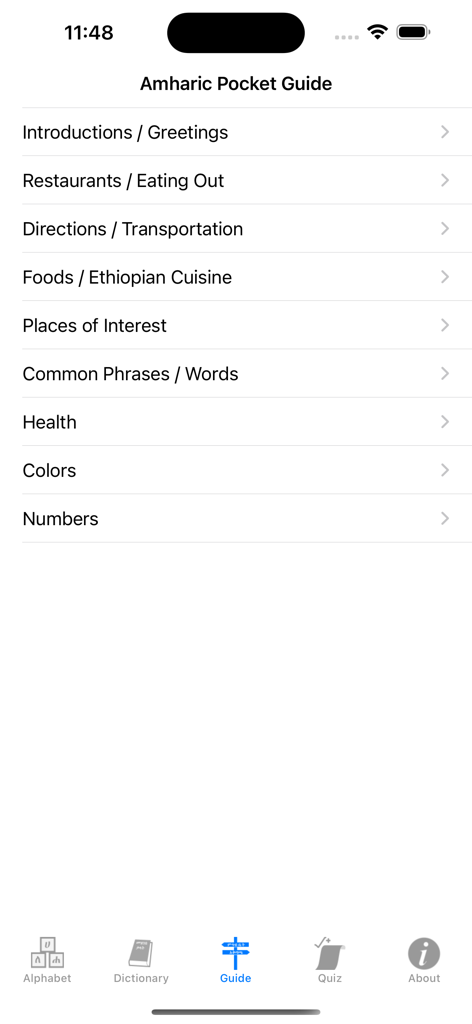 Amharic Pocket Guide - Interface do aplicativo Guia de Bolso Amárico mostrando uma lista de categorias de idiomas, incluindo saudações, restaurantes e culinária etíope.