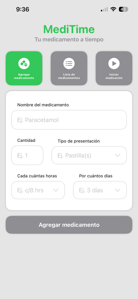 MediTime - MediTime App-Oberfläche, die das Formular zum Hinzufügen von Medikamenten mit Feldern für Medikamentenname, Dosierung, Häufigkeit und Dauer zeigt